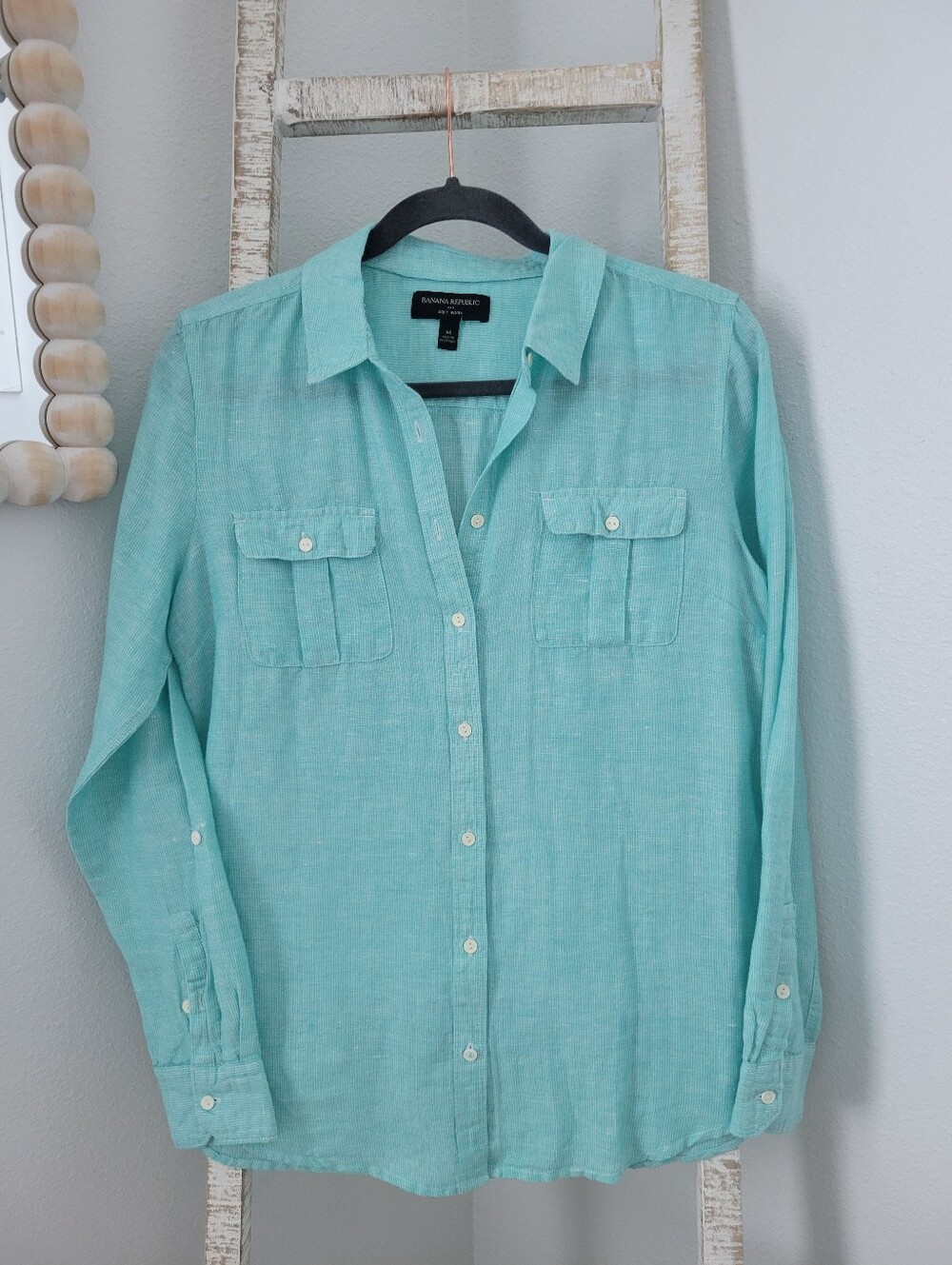 BANANA REPUBLIC Womens Mint Linen-Cotton Soft Wash Shirt | Size Medium - Picture 2 of 9